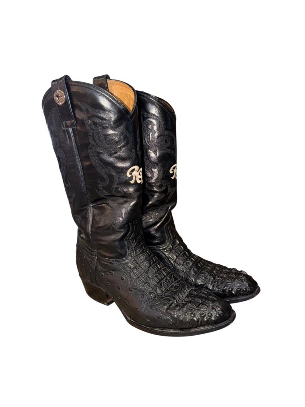 Vintage Men 12 Black Crocodile Ostrich Leather Western Cowboy Boots Embroidered